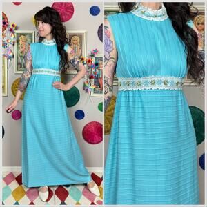 Vintage 1960s Sky Blue Sleeveless A-Line Mock Neck Maxi Dress